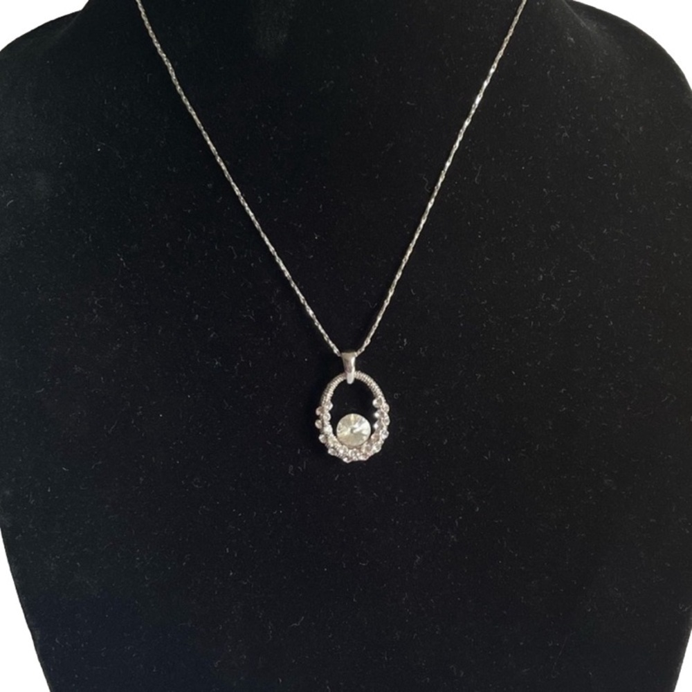 Vintage Necklace Silver Tone with Crystal Pendant